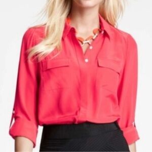 Ann Taylor 100% Silk Pink Long Sleeve Button-Up Blouse Size XL